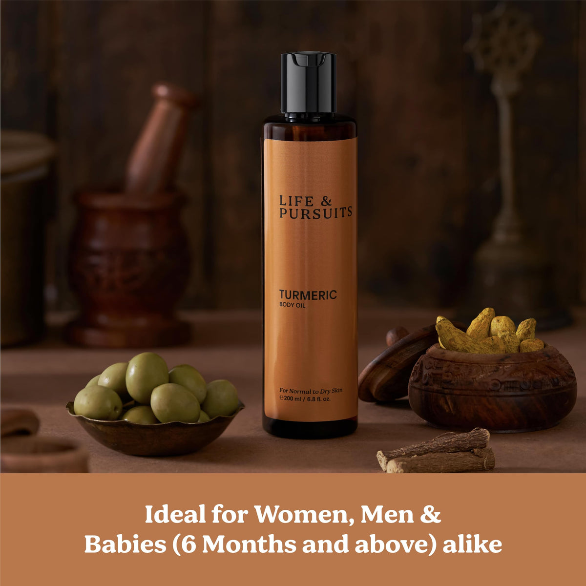 Life & Pursuits Turmeric Body Oil 200 ml - Ayurvedic Natural Body Massage Oil with Vitamin E, Coconut Oil, Almond & Squalane| Reduces Dark Spots, Brightens Skin, Hydrates & Moisturizes Dry Skin
