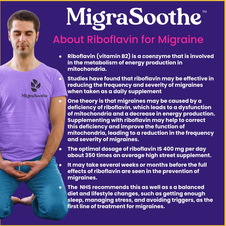 Premium Vitamin B2 Riboflavin 400mg per Capsule 120 Days Supply - Migrasoothe-B Pharma Manufacturing Standards UK Made Migraine Support, Stress, Tremors & Energy Vegan. NHS Recommended Vitamin B2 400