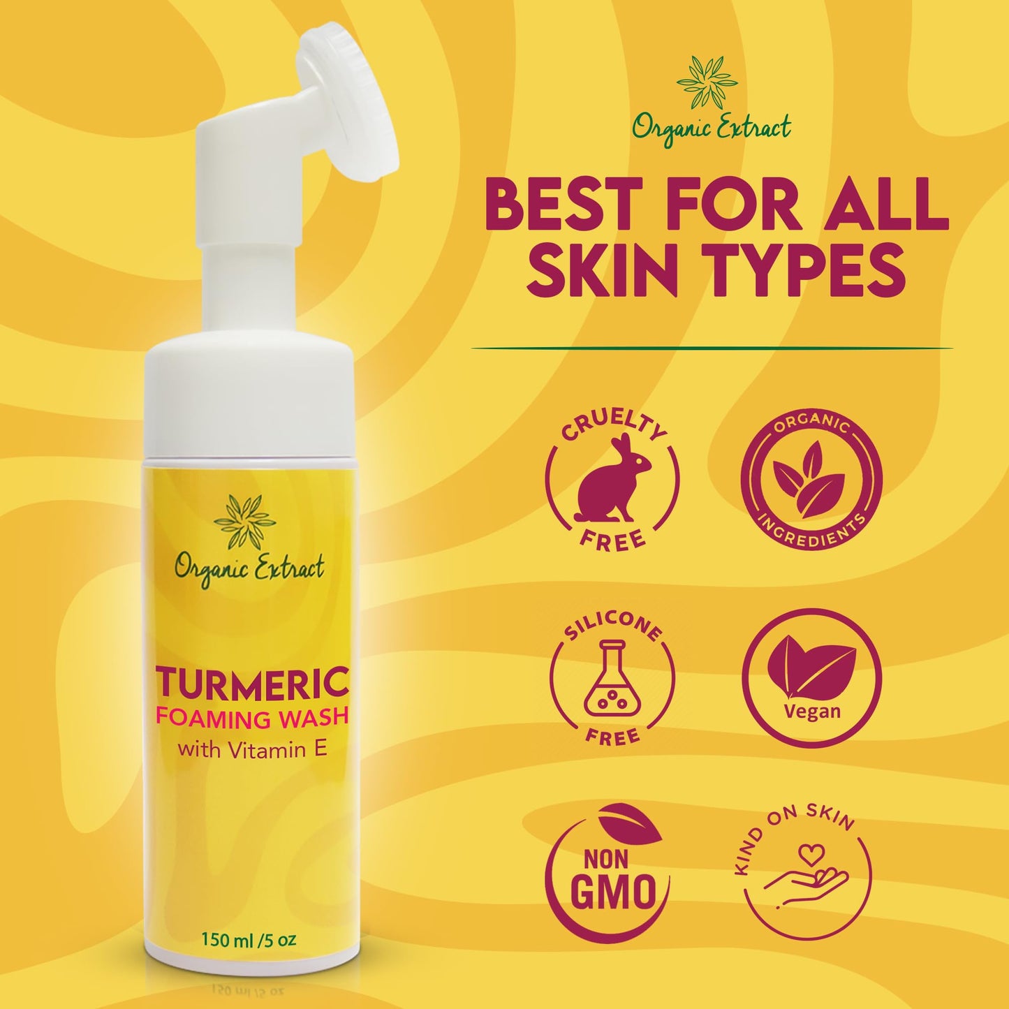 ORGANIC EXTRACT Turmeric Skin Brightening Face Wash – 5 fl oz / 150ml – Daily Moisturizer, Gentle Facial Cleanser for All Skins with Kojic Acid, Vitamin E, and Aloe Vera
