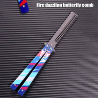 Butterfly Comb, Stainless Steel Folding Practice Combs, 3D Color Printing Tactical Butterfly-Open Pattern Trainer for Sport Outdoor Use (Blue)