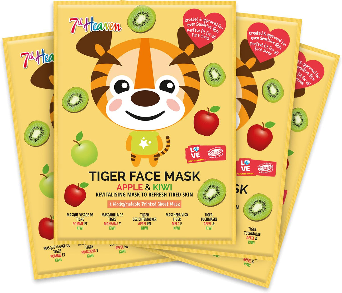 7th Heaven Tiger Face Mask Gift Set (4 Kids Face Masks). Hydrating for Sensitive Skin, Childrens Age 8+, Cruelty Free Sheet Masks - Genuine 7th Heaven Face Masks Skincare