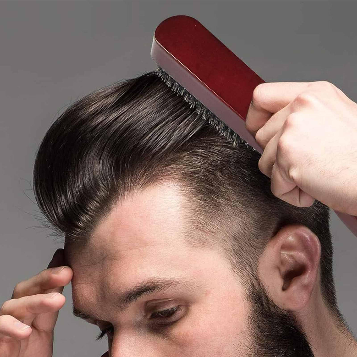 Generic Slick Back Boar Bristle Brush, Reddish-brown Round Hair & Beard Smoothing Tool for Afro Wet Curly Damaged, Gentle Grooming Brush Reducing Breakage