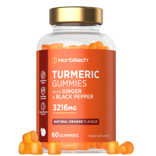 Horbäach Turmeric Gummies with Black Pepper & Ginger 3216mg | High Strength Curcumin Supplement | 60 Vegan Gummies | Natural Orange Flavour - Tablet Alternative | by Horbaach