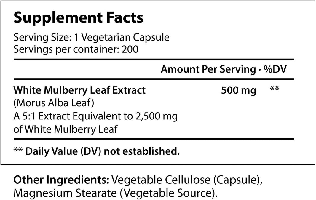 LongLifeNutri White Mulberry Leaf Extract 2,500mg 200 Vegetarian Capsules | Pure Natural Herbal Vitamin Powder Supplement