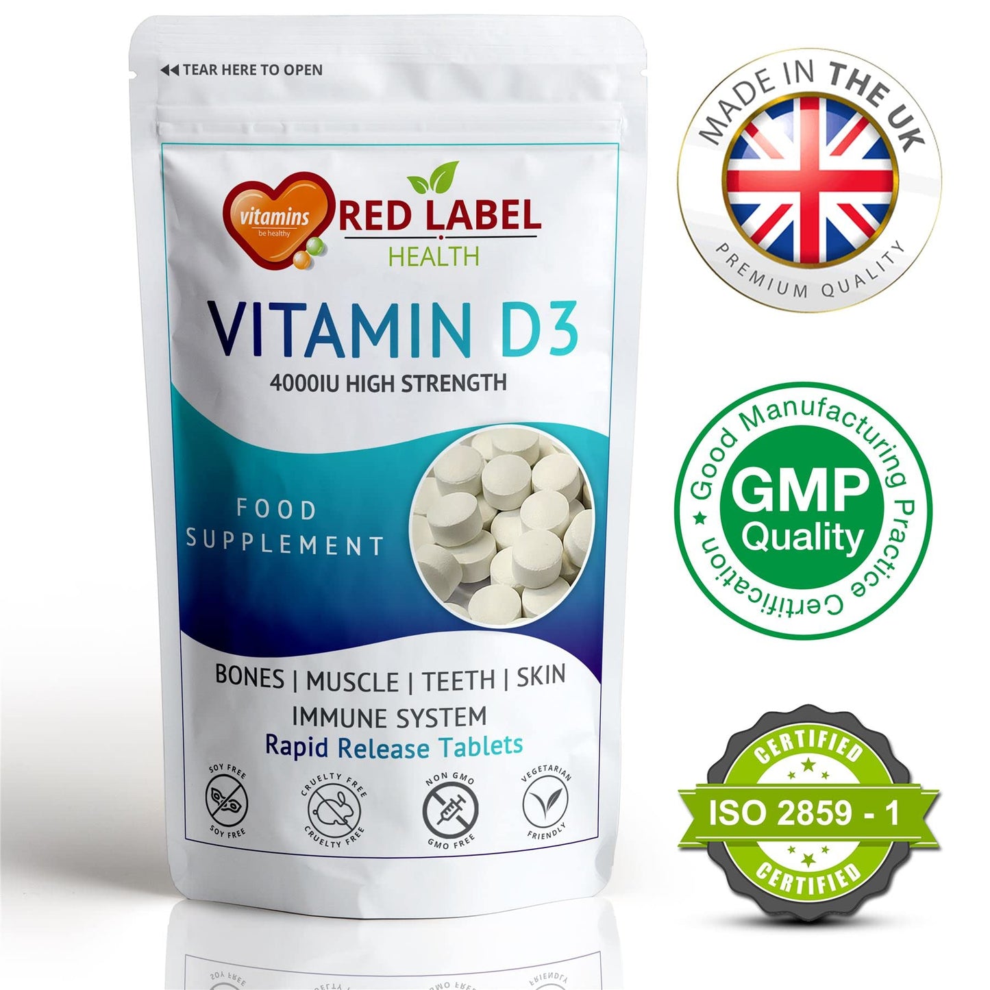 Red Label Health Vitamin D3 Tablets 4000IU, 360 Vitamin D Supplement Tablets (1 Year Supply) High Strength Healthy Teeth & Bones, Supports The Immune System for Men & Women Vegetarian Made in The UK