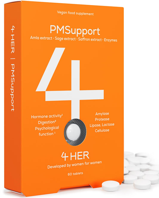 4 HER PMSupport - PMS Supplements for Women - 60 Vegan Tablets - for Premenstrual Support and Hormone Balance for Women - with Digestive Enzymes, Sage Extract, Amla Berry Extract, Saffron Extract