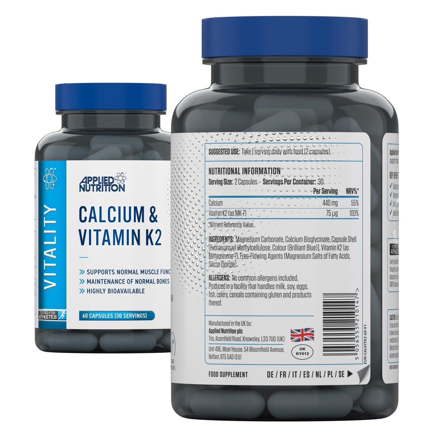 Applied Nutrition – Calcium & Vitamin K2 – Dual Action Formula – Best Bone Support – Best Muscle Function – High Absorption & Bioavailability – (60 Capsules – 30 Servings)