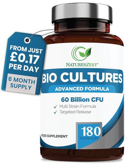 Natures Zest Bio Cultures Complex Probiotics & Prebiotics 60 Billion CFU – 6 Month Supply - for Gut Health with Lactobacillus Rhamnosus - for Women and Men - 180 Vegan Capsules