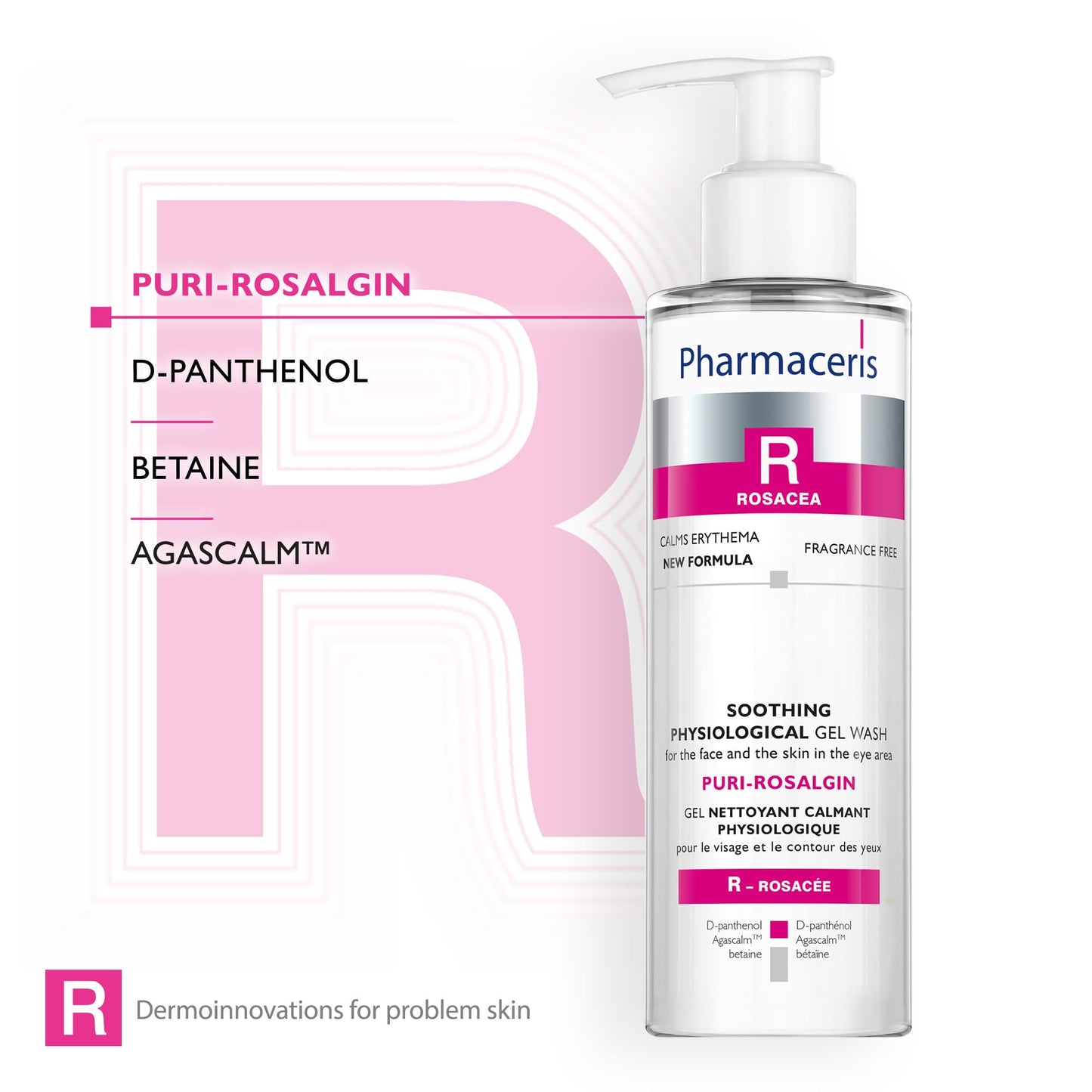 Pharmaceris R Puri-Rosalgin, Eye and Face Cleanser, Face Wash Gel for Rosacea Skin, Physiological Gel, Cleanser for Sensitive and Allergic Skin, D-Panthenol - 200 ml