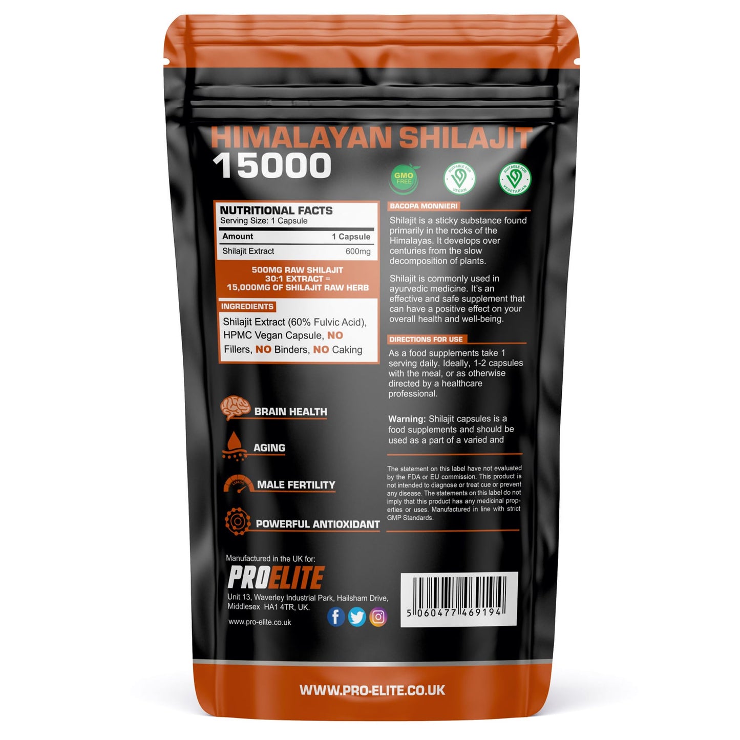 Shilajit 500mg Vegan Capsules -1500mg 30:1 Extract | 60% Fulvic Acid | High Strength Shilajit for Men & Women| Rich in Trace Minerals | No Additives & Fillers by PROELITE (30 Capsules)