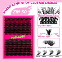 PURELEOR DIY Eyelash Extension Kit Cluster Lashes 50D Curl 10-16mm Mixed DIY Lash Extensions with 2 in 1 Bond and Seal Applicators