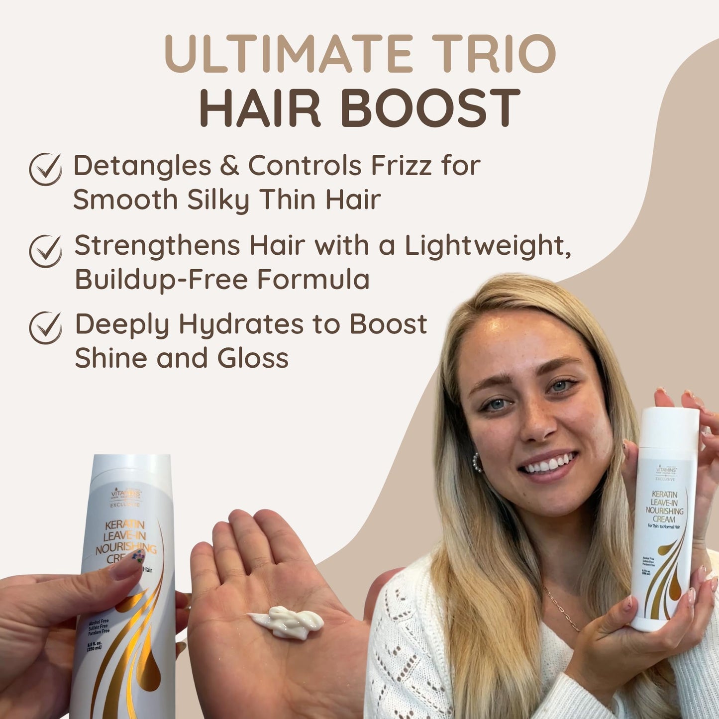 VITAMINS hair cosmetics Keratin Leave in Conditioner for Damaged Hair – Intense Hair Moisturiser Cream for Fine, Thin Locks – Sulfate Free, Hydrating, Detangling & Anti Frizz – 250 ML