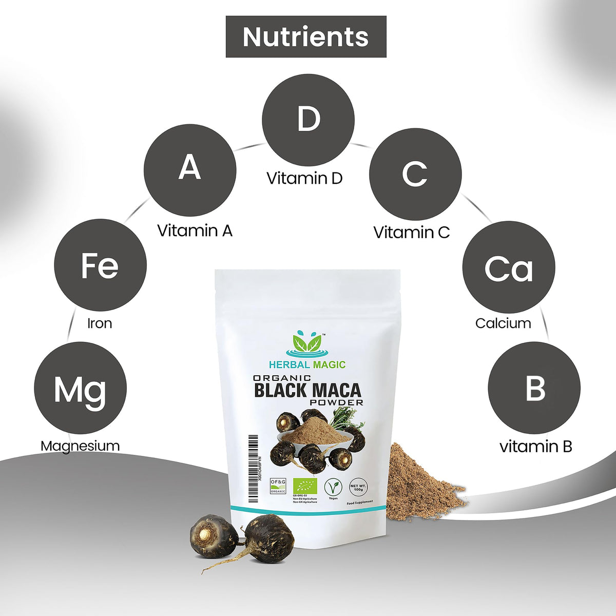 Herbal Magic Organic Black Maca Root Powder- Sparkle Your Smoothies, Milkshakes, Recipes- Naturally Sweet & nutritive - Free from Fillers & preservatives-100g