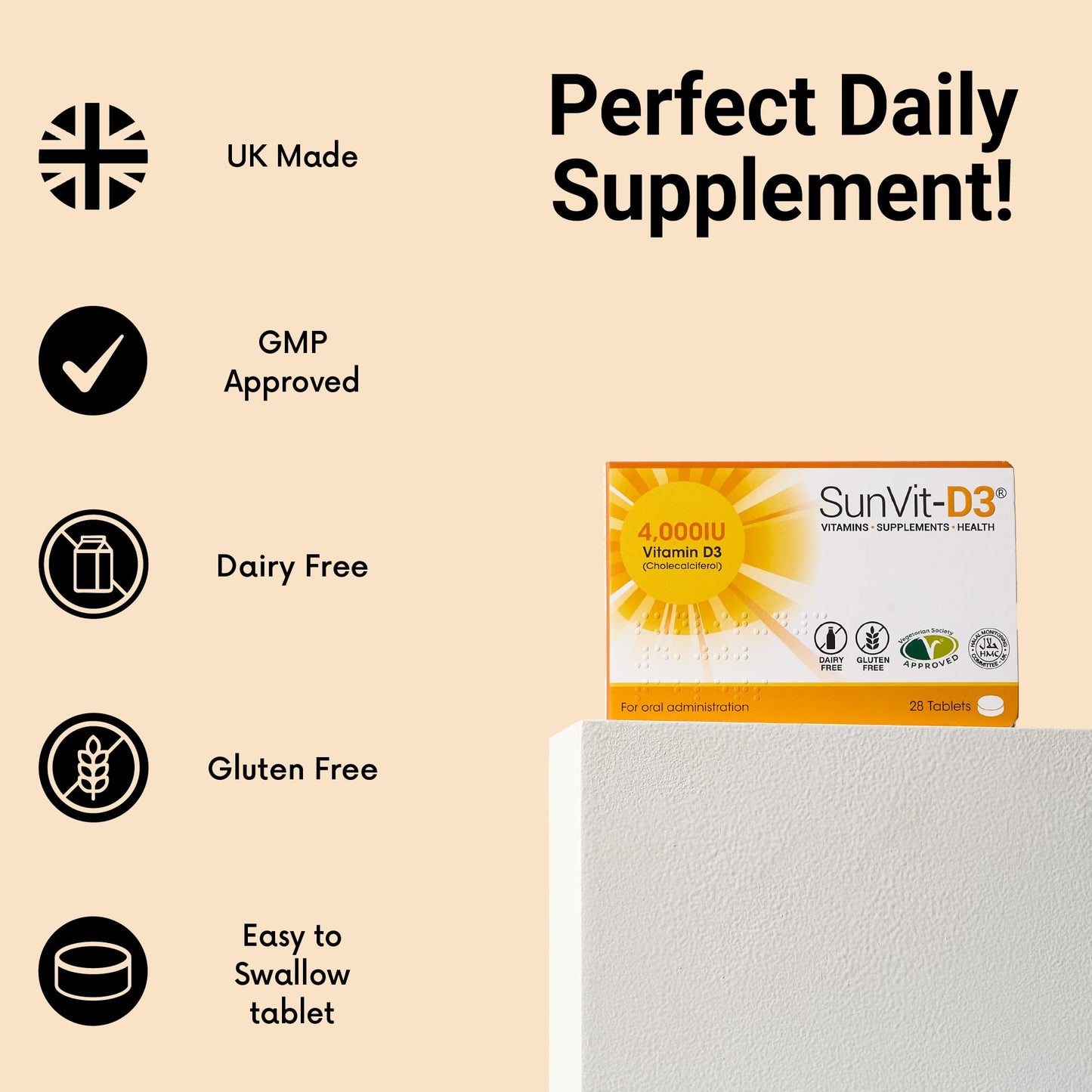 SunVit-D3 Vitamin D3 4000 IU Tablets | High Strength Vitamin D Tablets Supports Immune System, Bone, Teeth & Muscle Health | Gluten Free, Dairy Free | Vitamin D Supplements (28 Count)