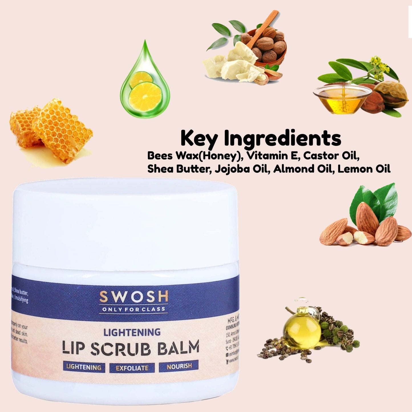 SWOSH Lip Scrub For Dark Lips To Lighten Pink 20 gram With Beeswax and Vitamin E | Lip Brightening Scrub Balm For Women and Men For Exfoliating Dry and Chapped Lips, Removes Tan and Dead Skin Cells
