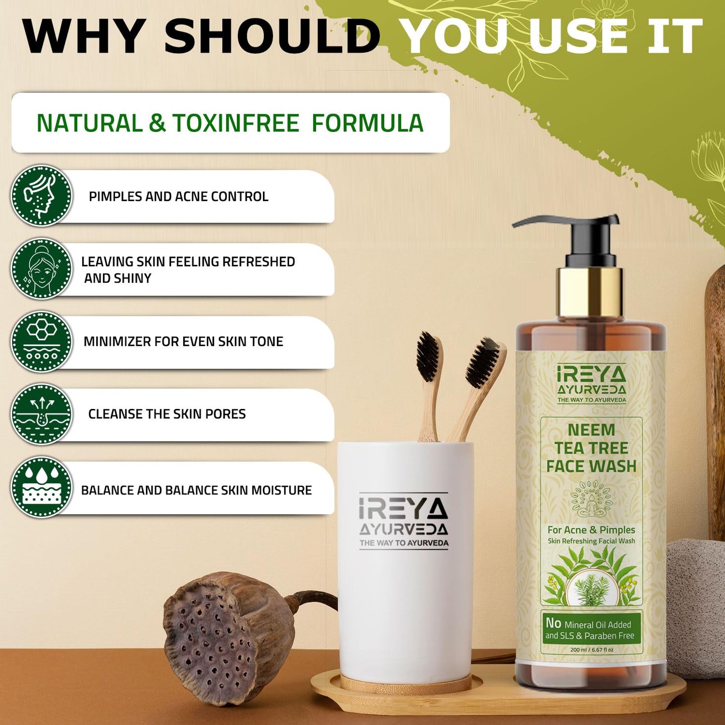 Ireya Ayurveda Neem Tea Tree Face Wash - 200ml for Soft & Smooth Skin Made with Neem Extract & Tea Tree oil with Turmeric Extract, Pure, Vegan, Natural, Cruelty Free