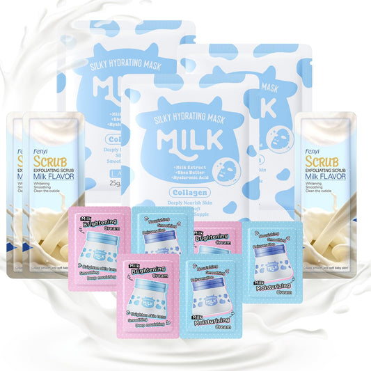 ISBEAUSOLS 12PCS Milk Skincare Set - Skin Care Sets & Kits for Travel - Body Scrub, Face Cream,Face Mask - Skincare Set for Teenage Girls Women - Facial Kit for Moisturising