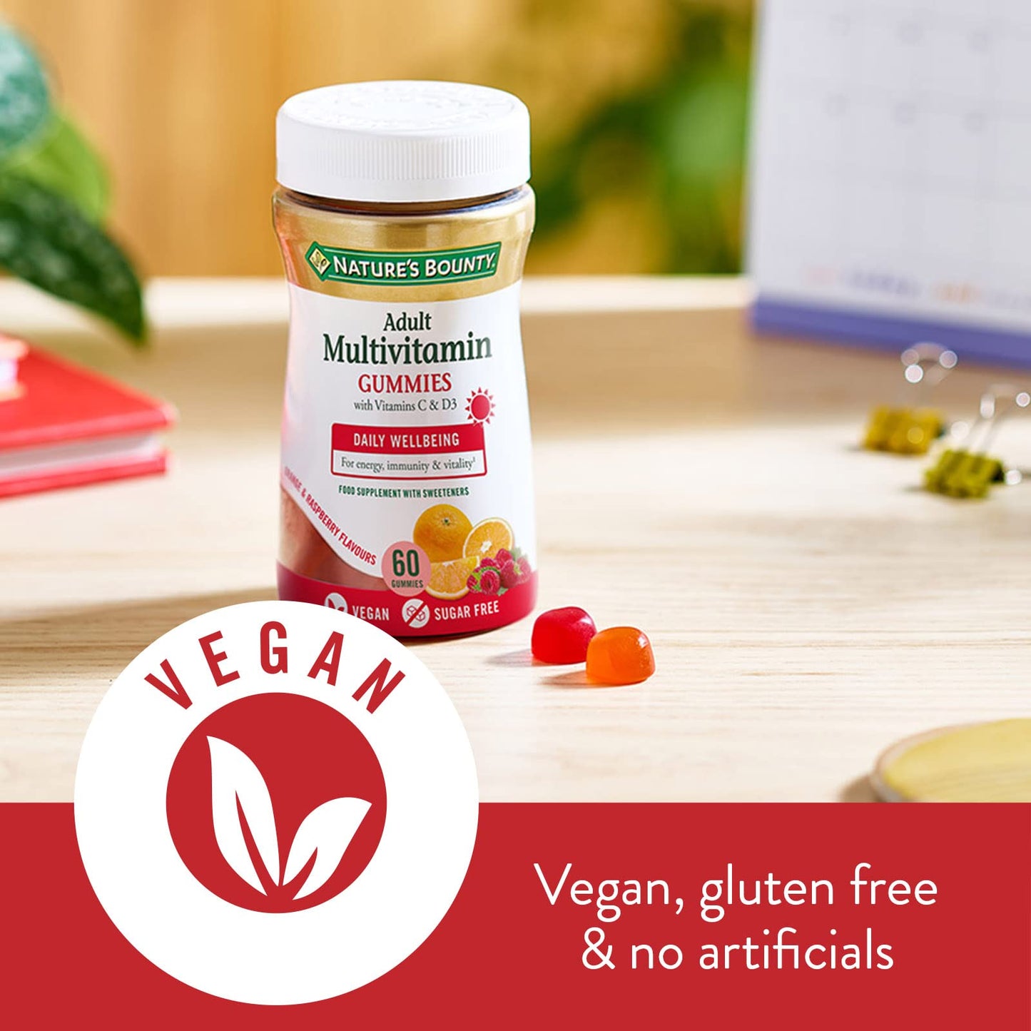 Nature's Bounty Adult Multivitamin Gummies - Pack of 60 Gummies, Two-a-day - With Vitamin B6, B12, D3, C and Biotin - For everyday wellbeing - Immune Support and Bone Health - Suitable for Vegans