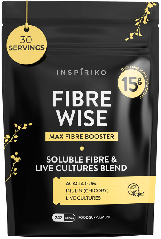 Soluble Fibre Supplement, 25% Daily Fibre, 6-in-1 Fibre Powder - Inulin, Acacia Gum, 2 Billion CFU Probiotics. Tasteless Prebiotics for Gut Health, 240 g, by Inspiriko