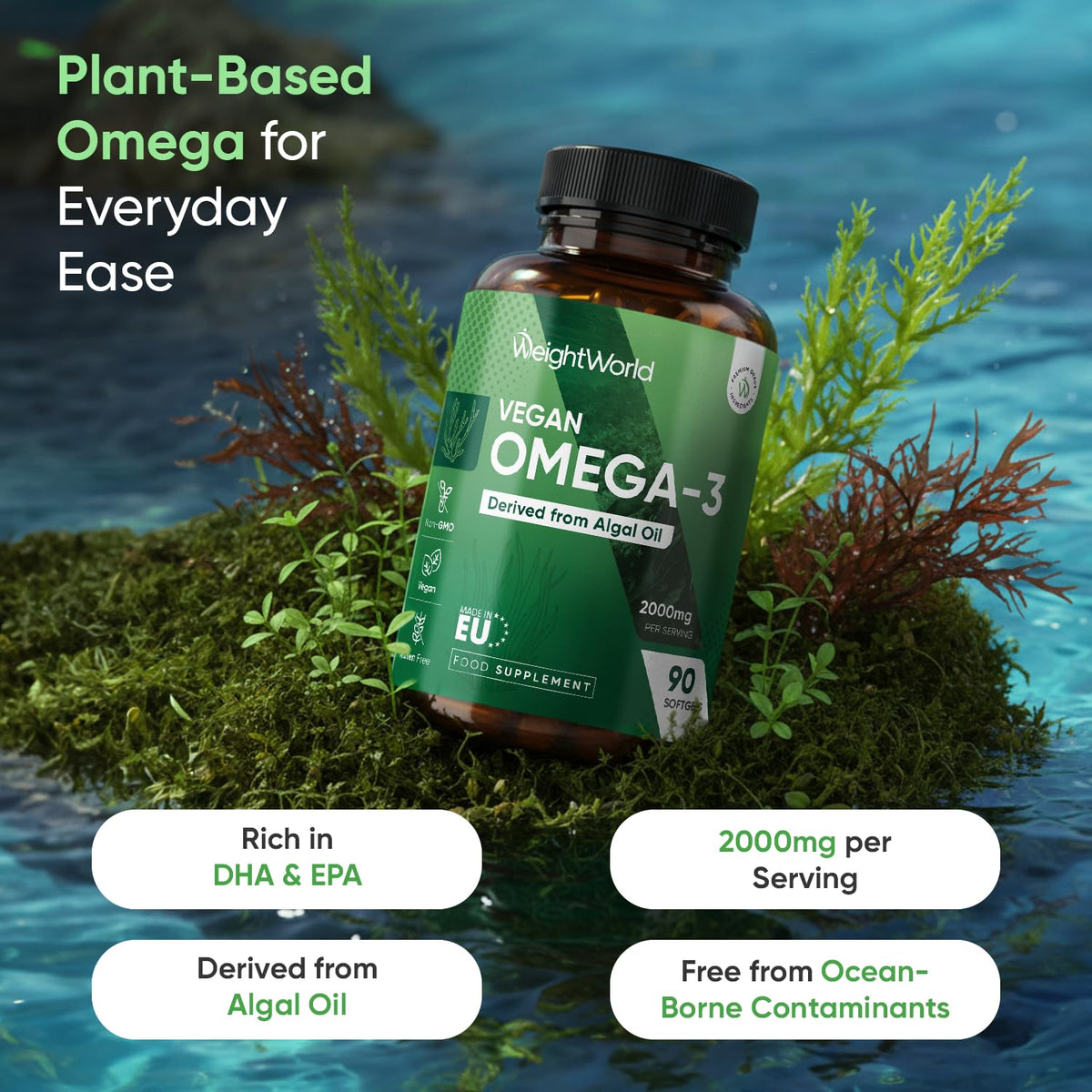 WeightWorld Vegan Omega 3 Supplement - 2000mg per Serving - 90 Softgels - 45 Days Supply - Derived from Algal Oil - 2 Softgels a Day - DHA and EPA-Rich Oil - Omega-3 Nutritional Supplements