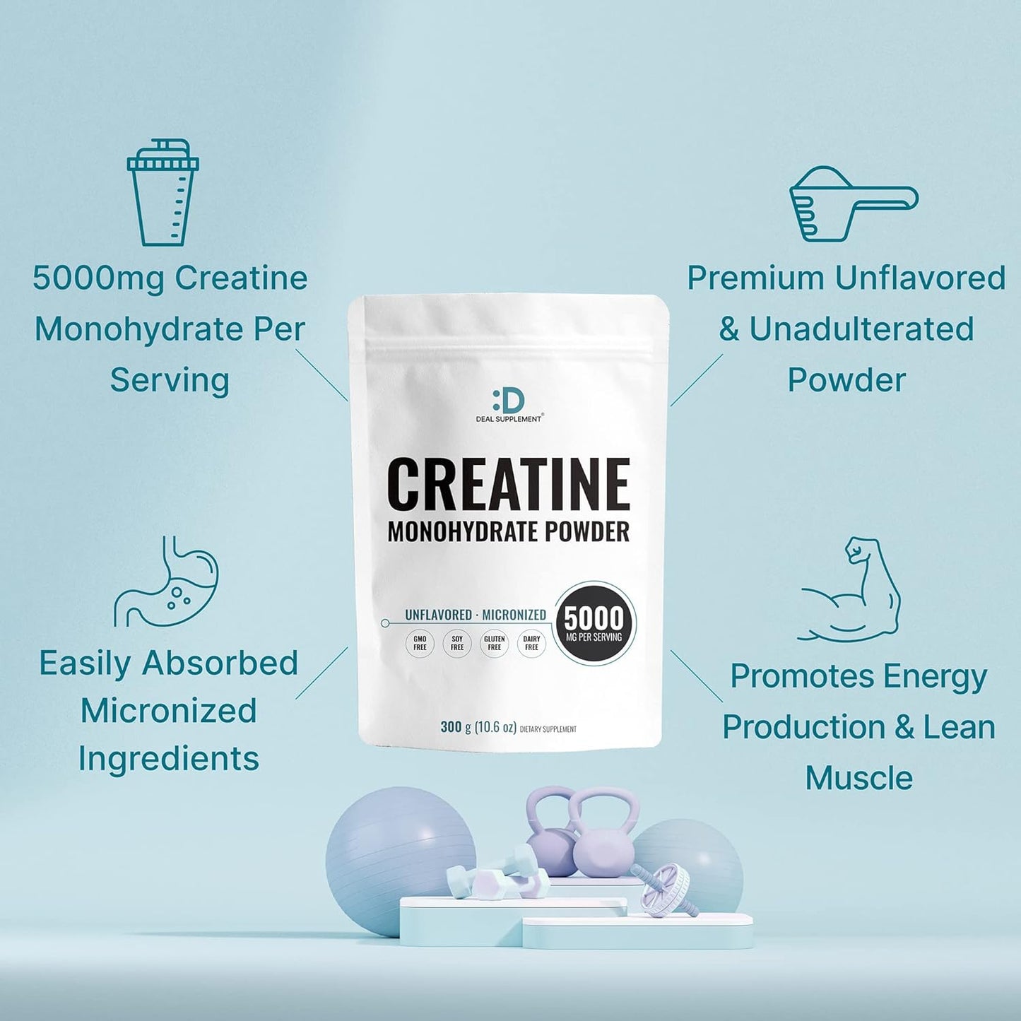 Deal Supplement Creatine Monohydrate Powder 300 Grams (60 Servings-)Vegan | Keto, Non-GMO, No Filler, No Additives