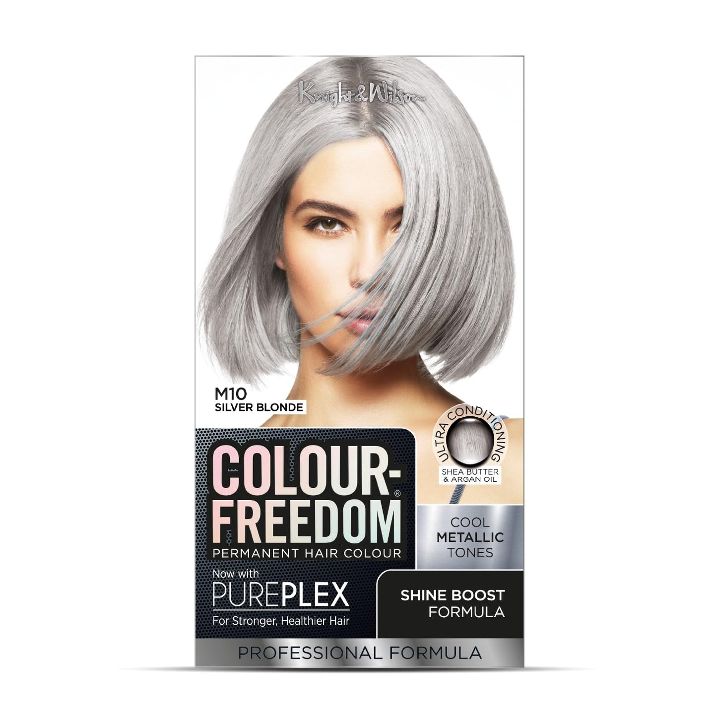 Colour Freedom Metallic Silver Blonde Permanent Hair Dye with PurePlex. Ultra Glossy Conditioning Hair Colour. 100% grey coverage. By Knight & Wilson.