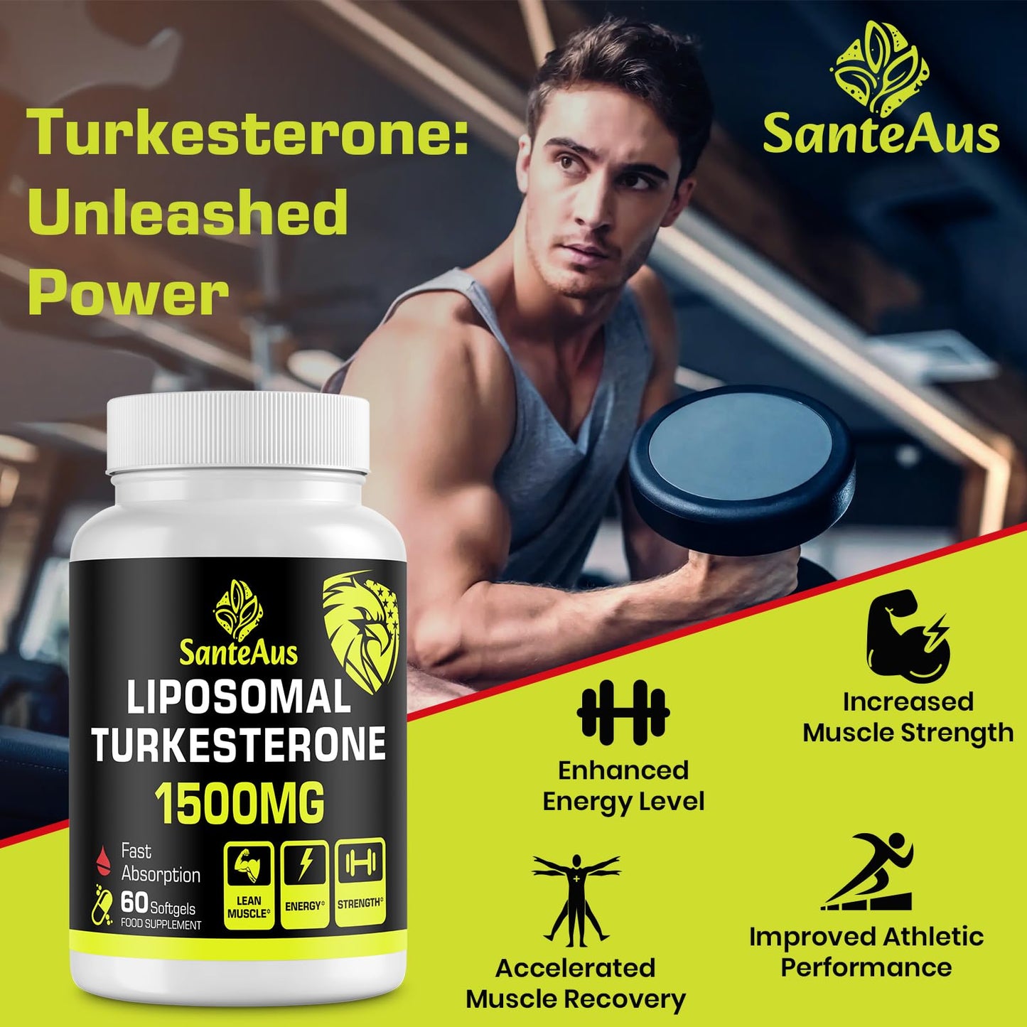 SanteAus Liposomal Turkesterone Capsules 1500mg Supplement, Max Strength Ajuga Turkestanica Extract, Standardized to 20% Turkesterone, Optimal Absorption, Muscle Growth & Recovery, Gluten Free, Fillers Free