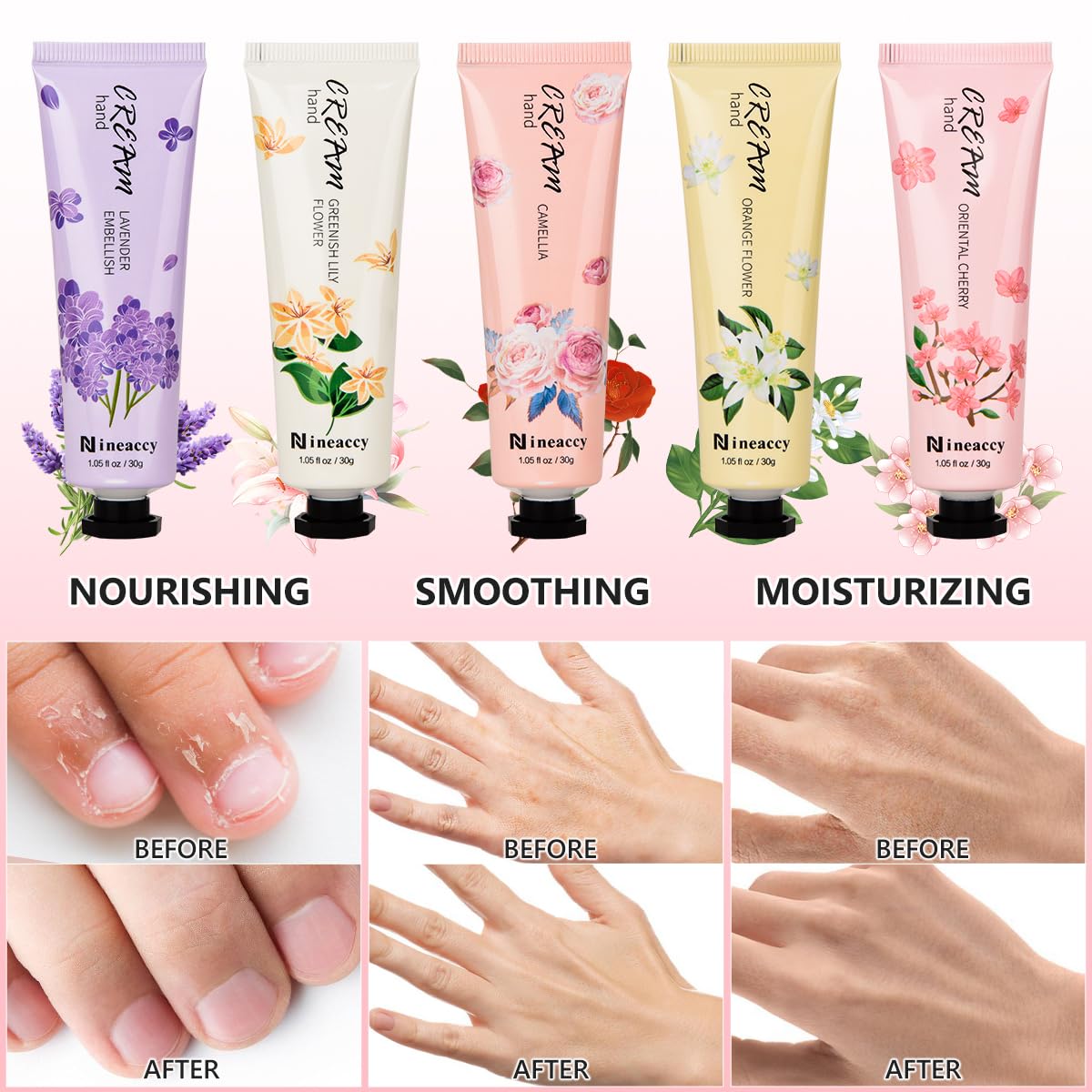 Nineaccy Floral assorted Hand Cream Set, 5 x 30ml，Pack of 5，Friendly to all skin，Gifts for Women, Mother's Day Gifts