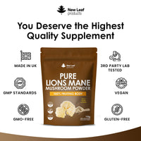 NEW LEAF PRODUCTS Lions Mane Mushroom Powder - Lions Mane Supplement High Strength 3000mg Mushroom Powder - 100% Fruiting Body Lion's Mane - 60 Servings Lions Mane Powder - Made in The UK by New Leaf