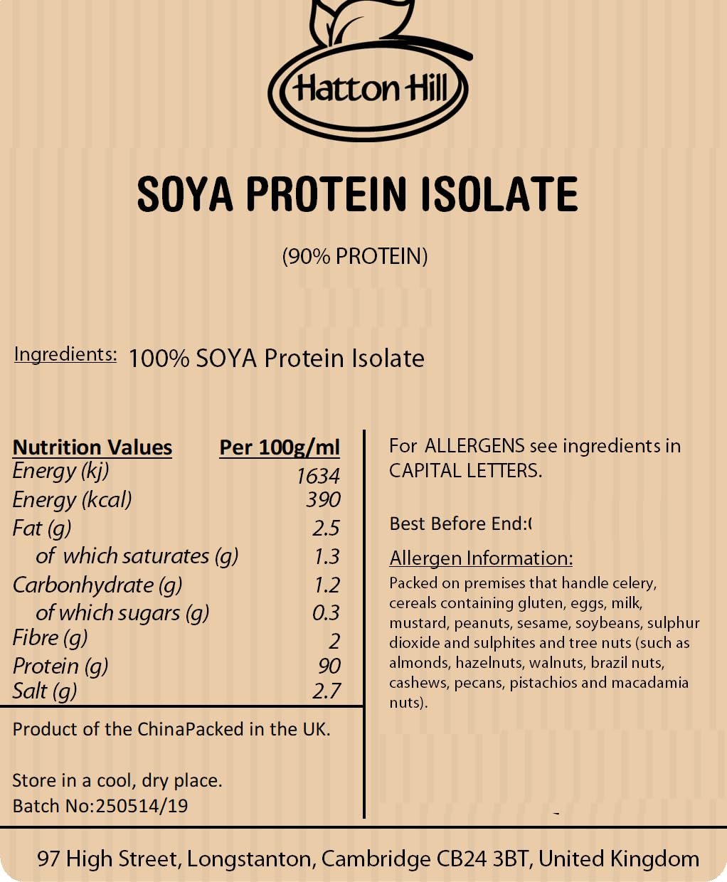 SOYA Protein Isolate (90% Protein) 250g by Hatton Hill, Unflavoured, Vegan Protein Shake