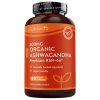 Nutravita Certified Organic Ashwagandha KSM 66® Root Extract - 60 Organic Ashwagandha High Strength Vegan Capsules - 500mg Ashwagandha KSM 66 Powder per Capsule - Herbal Supplements - Made in the UK