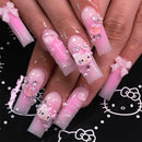 AVZXXKUF 24PCS French Pink Kitty Press on Nails,Cute Kawaii 3D False Nails,Cartoon Y2K Long Length with Pearl and Bow Design,Trapezoid Coffin Fake Nails,Glossy and Full Cover Acrylic Nails for Women