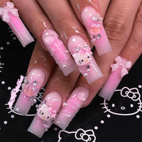 AVZXXKUF 24PCS French Pink Kitty Press on Nails,Cute Kawaii 3D False Nails,Cartoon Y2K Long Length with Pearl and Bow Design,Trapezoid Coffin Fake Nails,Glossy and Full Cover Acrylic Nails for Women