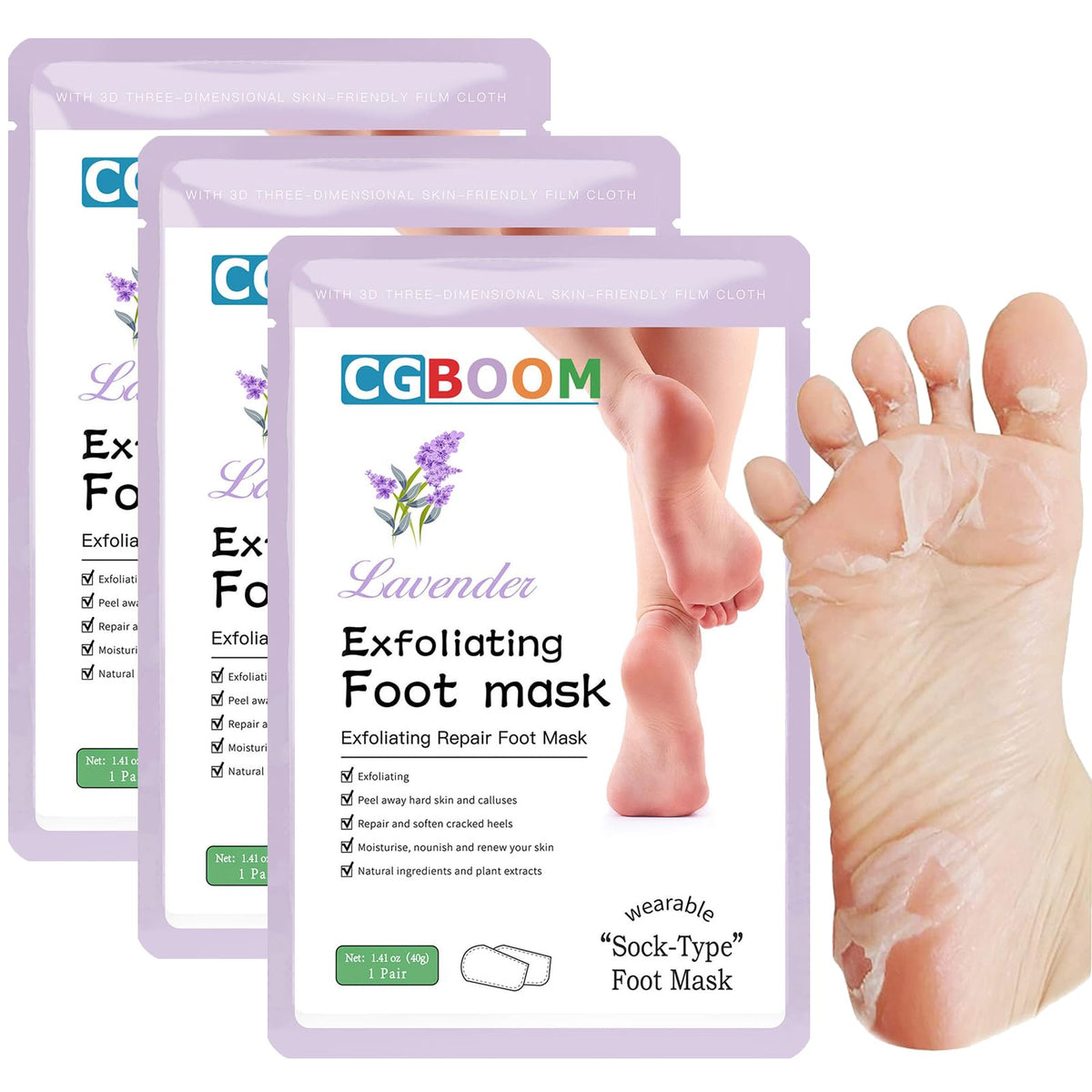 CGBOOM 3 Pack Foot Peel Mask,Exfoliating Foot Socks Calluses Remover Dead Skin, Aloe Moisturizing Feet Peeling Mask for Dry Skin,Cracked Heels,Foot SPA Socks for Women and Men