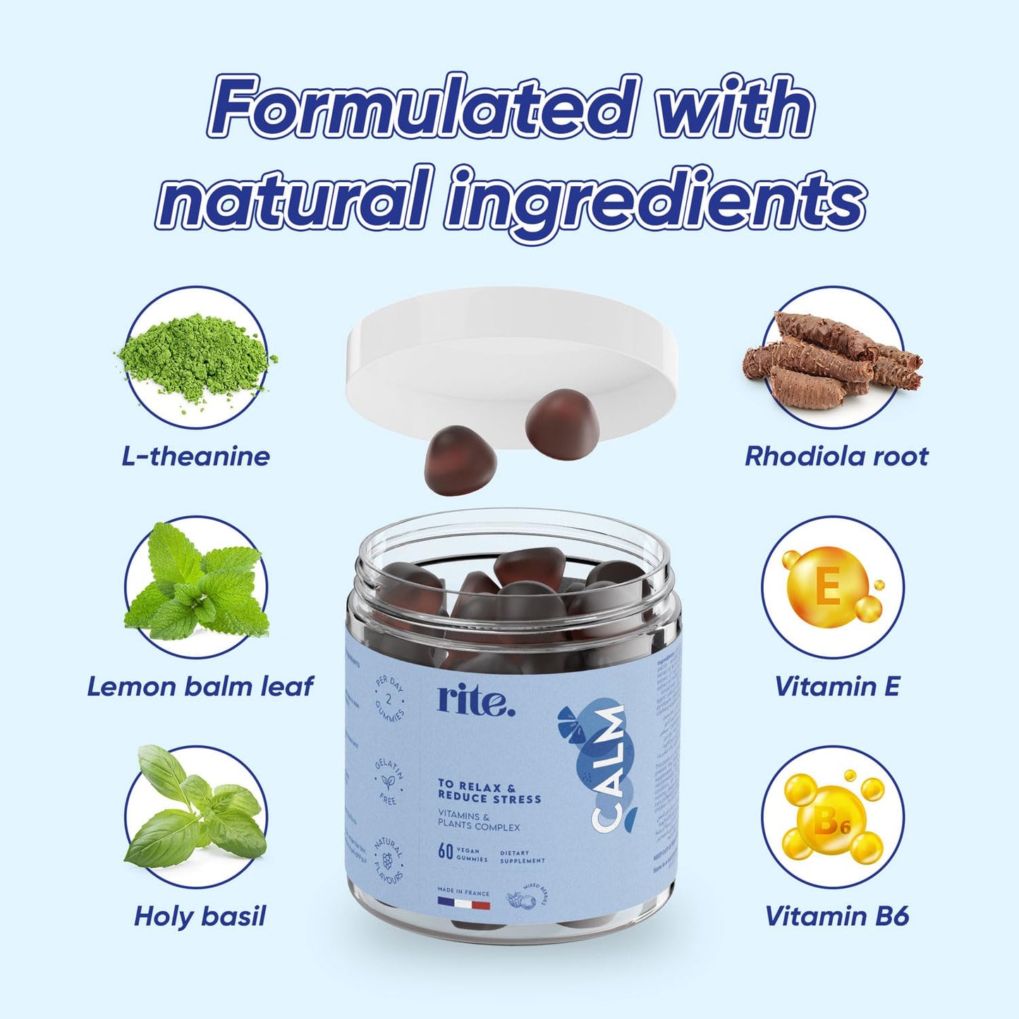 Rite Calm Gummies, Sleep Aid, Melatonin Alternative, Relaxation, Vegan, Natural Adaptogenic Botanicals, L-Theanine, Lemon Balm, Berries Flavour (60 Count,1 Month)