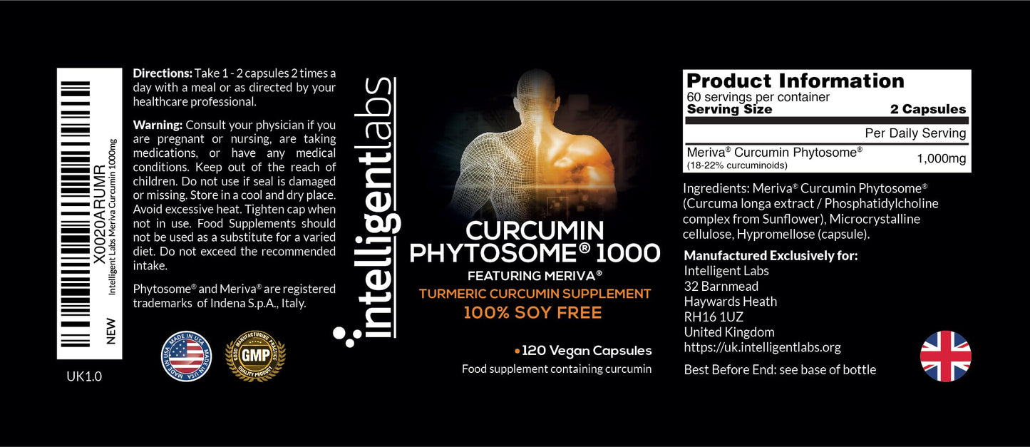 Intelligent Labs Meriva Curcumin Phytosome, 2900% Better Absorbed Than Ordinary Turmeric Curcumin 100% Soy Free, 120 Capsules Per Bottle, Tumeric Curcumin Phytosome Complex (1000mg)