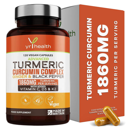 yrhealth Turmeric Capsules High Strength 1860mg with Black Pepper, Ginger, Vitamin C & D for Immune System & Joints Plus K2 Mk7-120 Vegan Capsules Premium Turmeric Curcumin – Made in The UK By YrHealth
