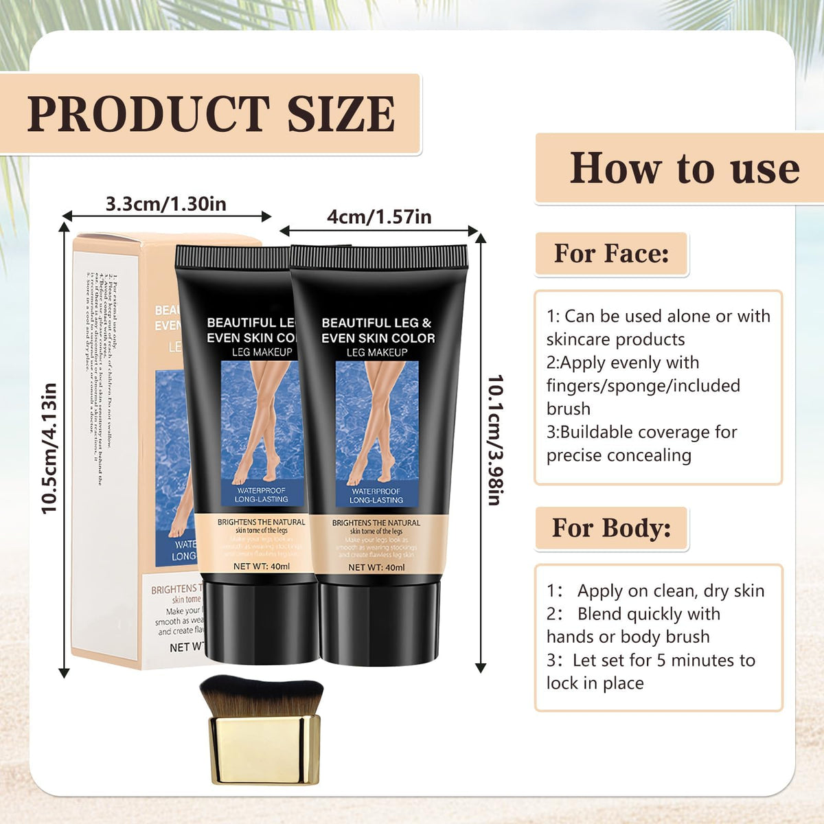 Kenmohuo 2pcs Body Coverage Perfector, Waterproof Leg Makeup, Tattoo Cover Up Cream All Over Complexion Perfect With Large Bevel Brush 48H Long Lasting Wear（Light and neutral colors）