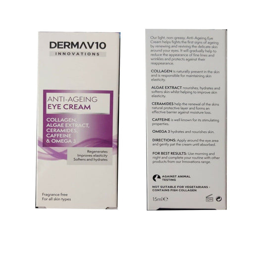 TWO PACKS of Derma V10 Innovations Anti Ageing Eye Cream 15ml