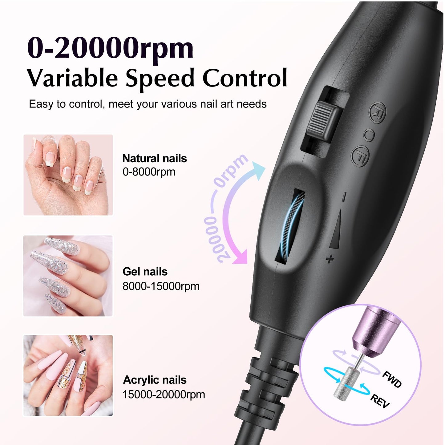 COSLUS Electric Nail Drill, Nail Files for Gel Acrylic Nature Nails, Adjustable Speed 0-20000RPM, Portable Manicure Pedicure Set with 6 Drill Bits 31 Sanding Bands, E File Gifts for Beginner Girl Women Mum