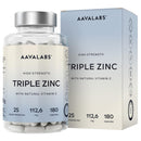 AAVALABS Triple Zinc Supplements for Men and Women - 25mg - with Natural Vitamin C - Zinc Picolinate, Bisglycinate and Monomethionine - 180 Capsules - 6 Months Supply