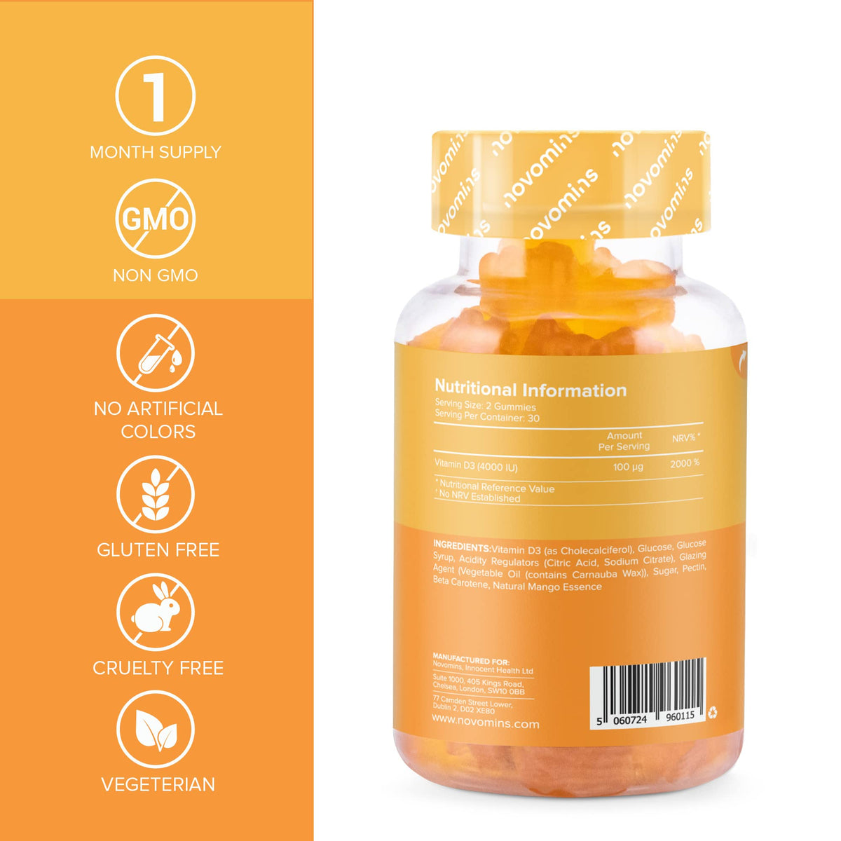 novomins Vitamin D Gummies - High Strength 4000 IU Adult Vitamin D3 Gummies - Chewable Gummy Vitamins - Vegetarian - Gluten Free - Vitamin D Gummies by Novomins
