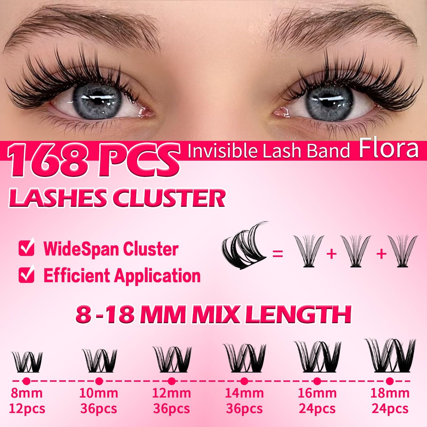 RITALASH Flora Lash Clusters Hybrid Volume Wispy Cluster Lashes WideSpan DIY Eyelash Extension Cat Eye Lashes Individual Eyelash Clusters Invisible Lash Band(Flora,8-18mm)