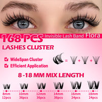 RITALASH Flora Lash Clusters Hybrid Volume Wispy Cluster Lashes WideSpan DIY Eyelash Extension Cat Eye Lashes Individual Eyelash Clusters Invisible Lash Band(Flora,8-18mm)