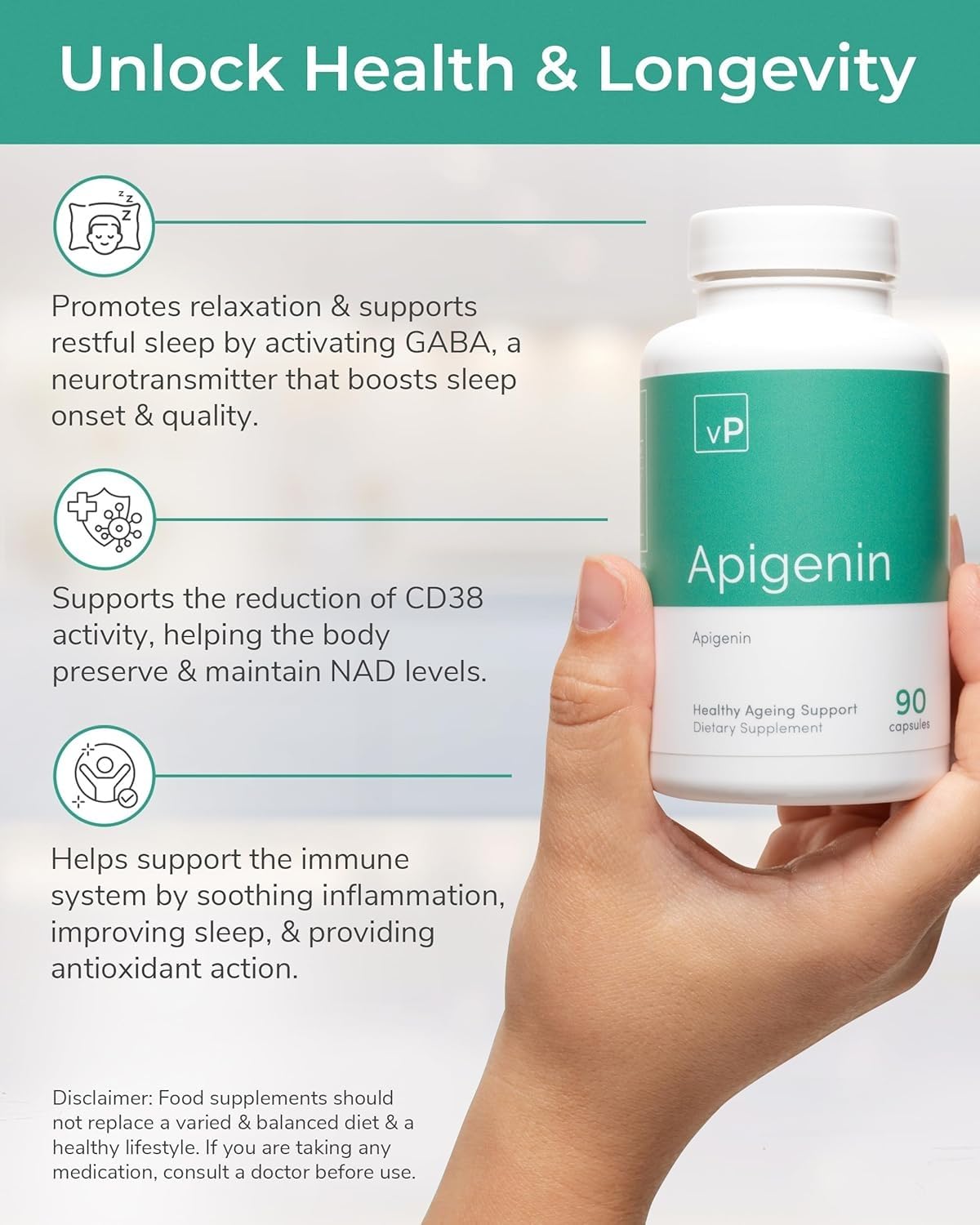 vP Vitality Pro Apigenin Sleep Supplement, 90 Capsules - Apigenin 100mg from Grapefruit Peel for Natural Sleep Aid, NAD Enhancement, & Immune Support - Vegan Dietary Supplements for Men & Women