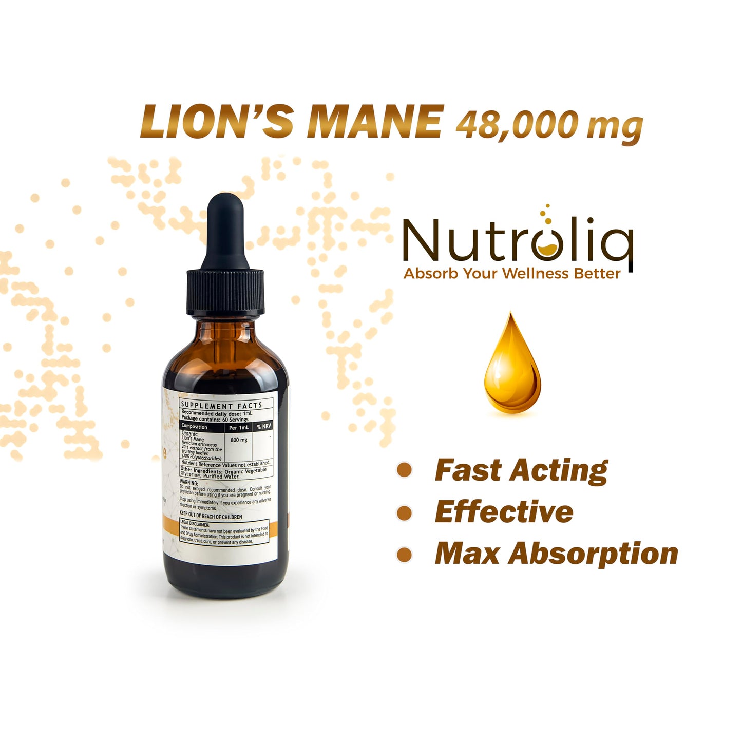 Nutroliq Lions Mane Tincture - Lions Mane Supplement with Organic Hericium Erinaceus Fruiting Body Extract - Contains 30% Polysaccharides - Vegan Formula - 800mg Per 1ml Serving - 60ml, 60-Day Supply