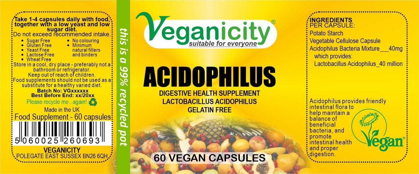 Veganicity Acidophilus Probiotic : Digestive Health Supplement : 60 Vegan Capsules, in a Planet-Friendly 99% Recycled Pot