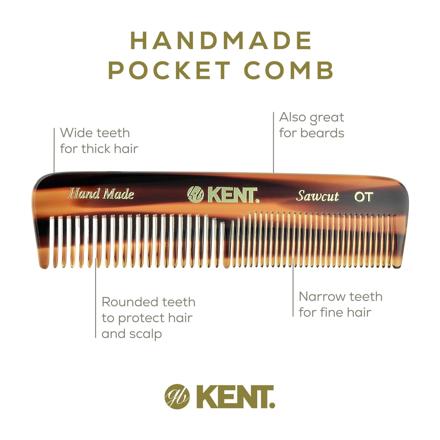 KENT Kent A OT Small Double Tooth Comb, Coarse/Fine Grooming Comb for Hair, Beard, Mustache, Men, Women and Kids. Saw Cut Hand Polished, Handmade in England