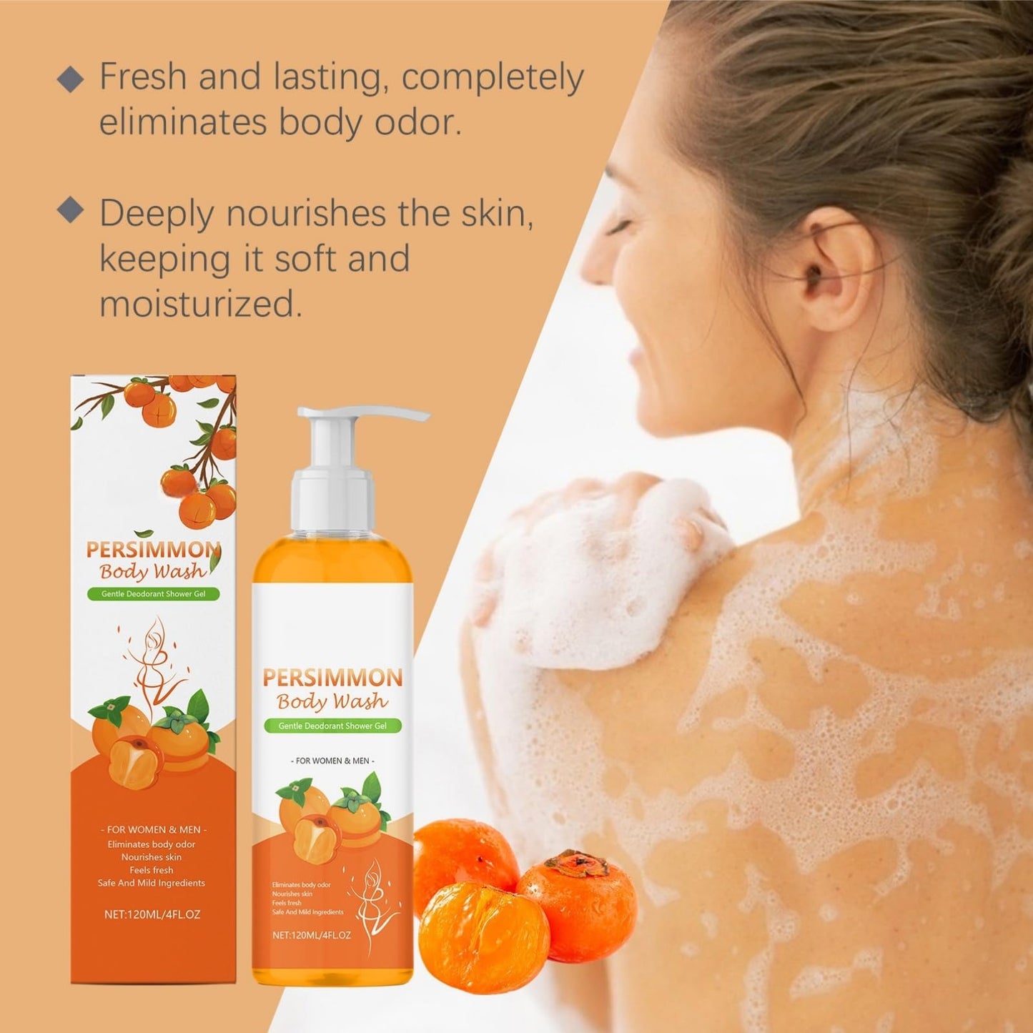 120ml Persimmon Body Wash for Old People Smell,Body&Face Persimmon Soap for Old People Smell,Anti Odor Persimmon Body Wash,Persi/mmon Body Wa/sh for Bo/dy Odor Removal,Shower Gel Men,Mens Bo/dy Wa/sh
