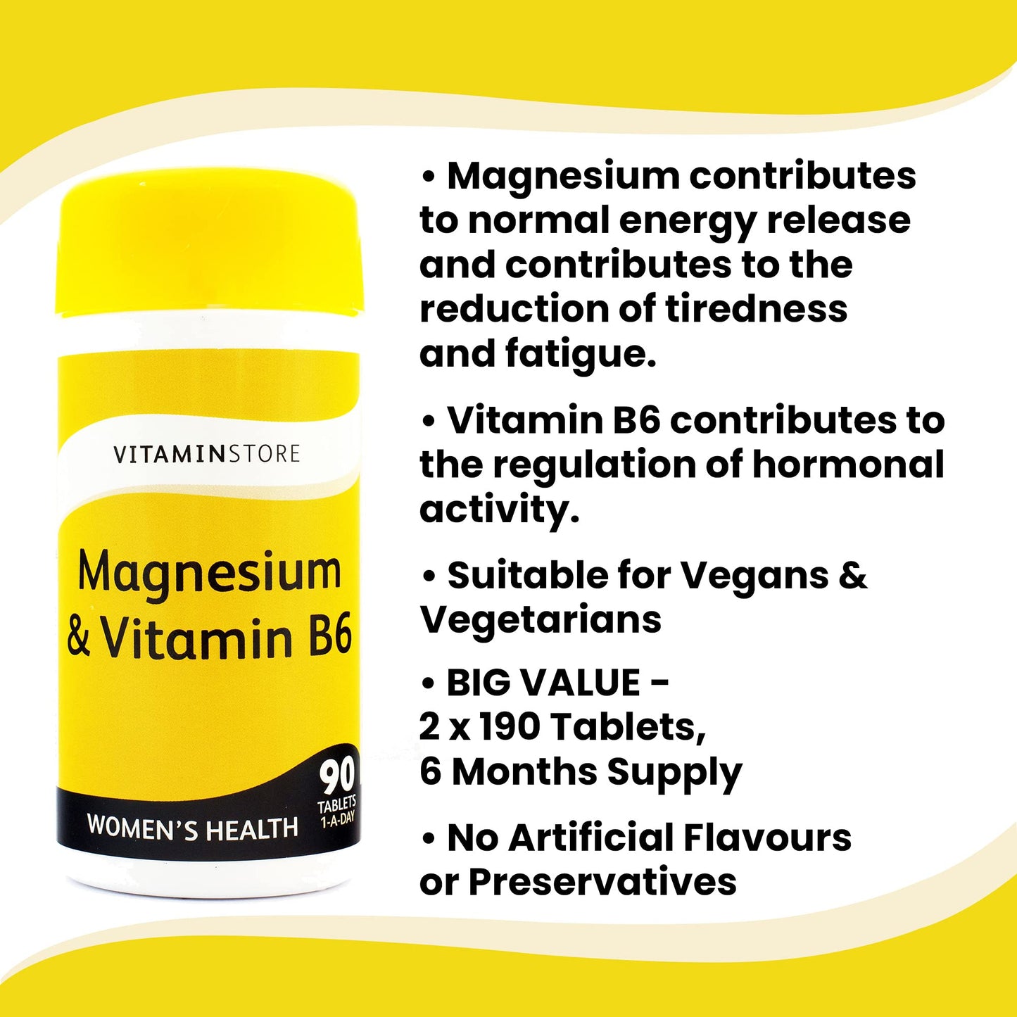 Vitamin Store Magnesium & Vitamin B6 Food Supplement, Vegan Friendly, Pack of 6/30 tablets